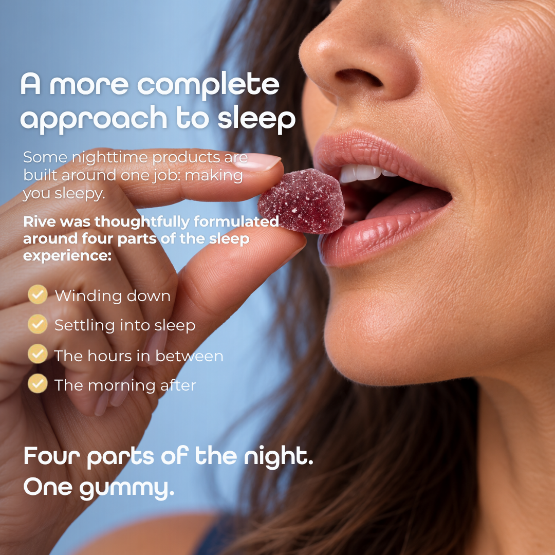 A woman about to eat a Rive Sleep gummy. Text on the image: A more complete approach to sleep. Rive was thoughtfully formulated around four parts of the sleep experience: winding down, settling into sleep, the hours in between, the morning after. Four parts of the night. One gummy.