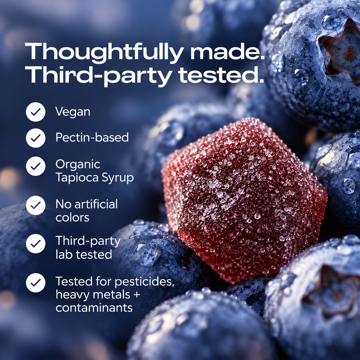 A sugar-coated Rive Sleep gummy resting on blueberries. Text on the image: Thoughtfully made. Third-party tested. Vegan, pectin-based, organic tapioca syrup, no artificial colors, third-party lab tested, tested for pesticides, heavy metals and contaminants.